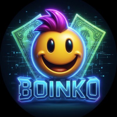 Boinko — smiling yellow mascot with purple hair and neon blue lettering